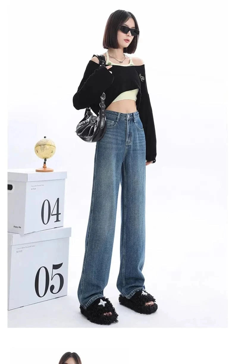 Women's clothing spring straight jeans high waist loose versatile pear shaped narrow version with wide legs and long pants
