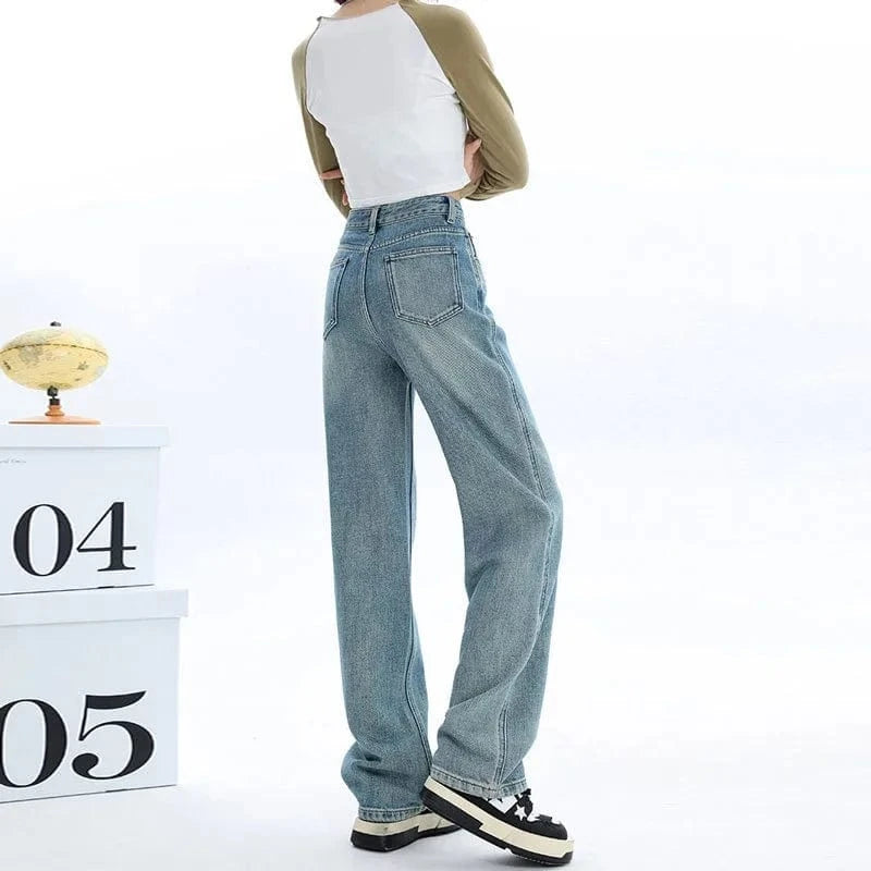 Women's clothing spring straight jeans high waist loose versatile pear shaped narrow version with wide legs and long pants