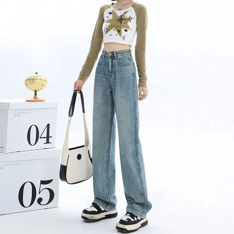 Women's clothing spring straight jeans high waist loose versatile pear shaped narrow version with wide legs and long pants