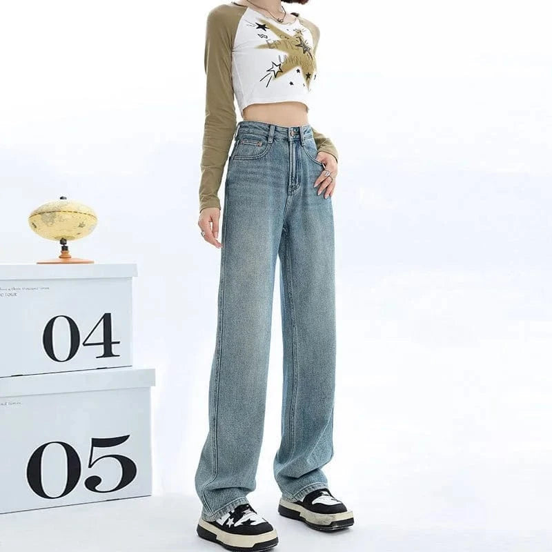 Women's clothing spring straight jeans high waist loose versatile pear shaped narrow version with wide legs and long pants