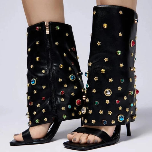 Women's Colorful Diamonds Overlay Summer Short Boots Single Band Side Zipper Ankle Boots Thin High Heels Sandals Shoes