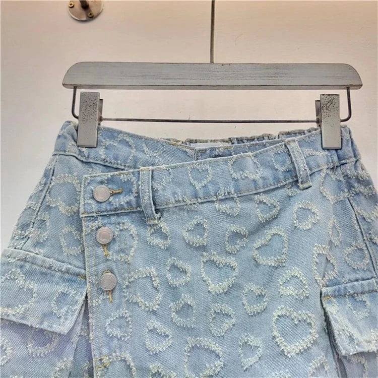Women's Denim Skirt Patchwork A-line High Waist Heart Jacquard Pockets Mini Skirt 2024