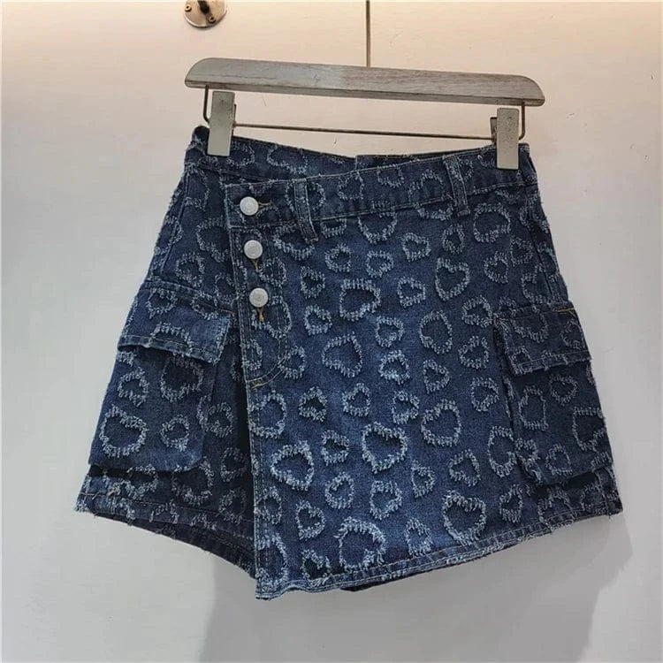 Women's Denim Skirt Patchwork A-line High Waist Heart Jacquard Pockets Mini Skirt 2024