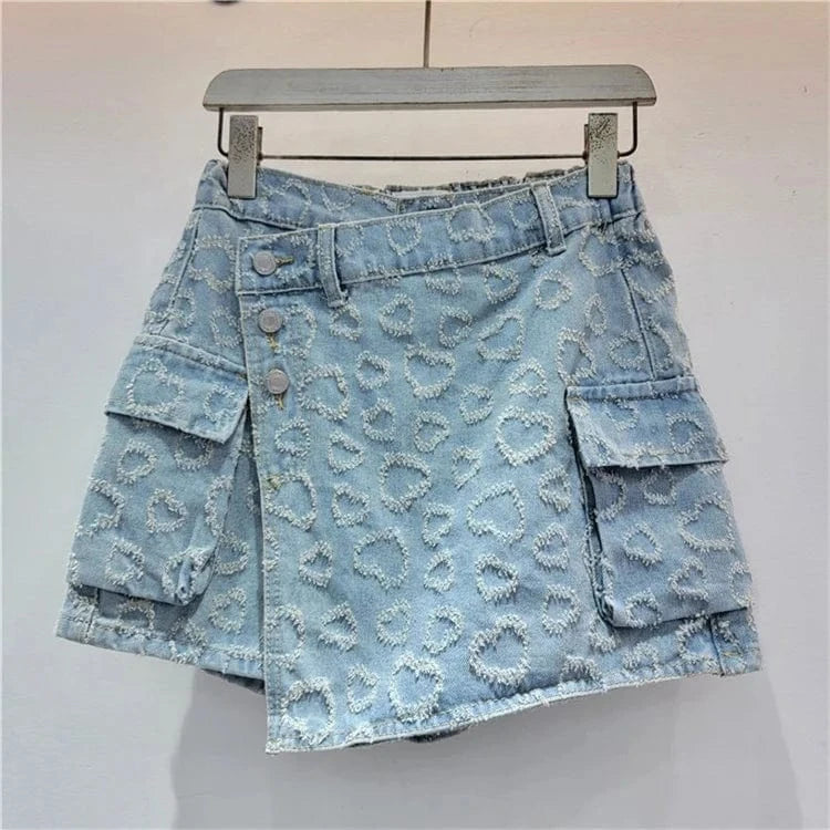 Women's Denim Skirt Patchwork A-line High Waist Heart Jacquard Pockets Mini Skirt 2024