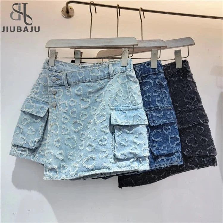 Women's Denim Skirt Patchwork A-line High Waist Heart Jacquard Pockets Mini Skirt 2024