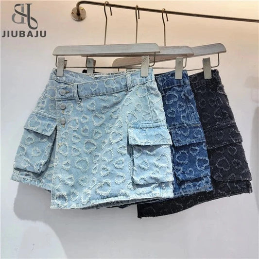 Women's Denim Skirt Patchwork A-line High Waist Heart Jacquard Pockets Mini Skirt 2024