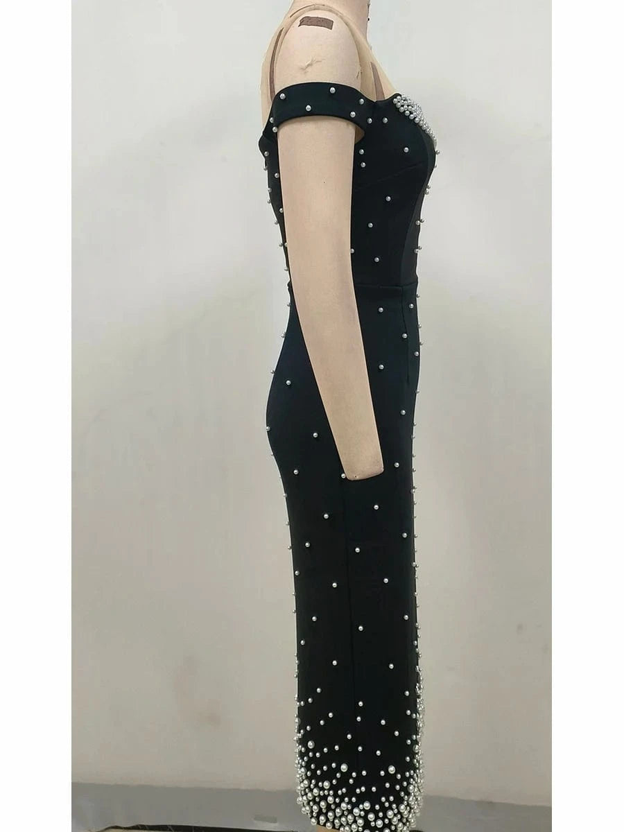 Women's Elegant Black Off Shoulder Ankle-Length Dress Pearl Beading Luxurious Evening Party Dress Glamorous Fashion Choice