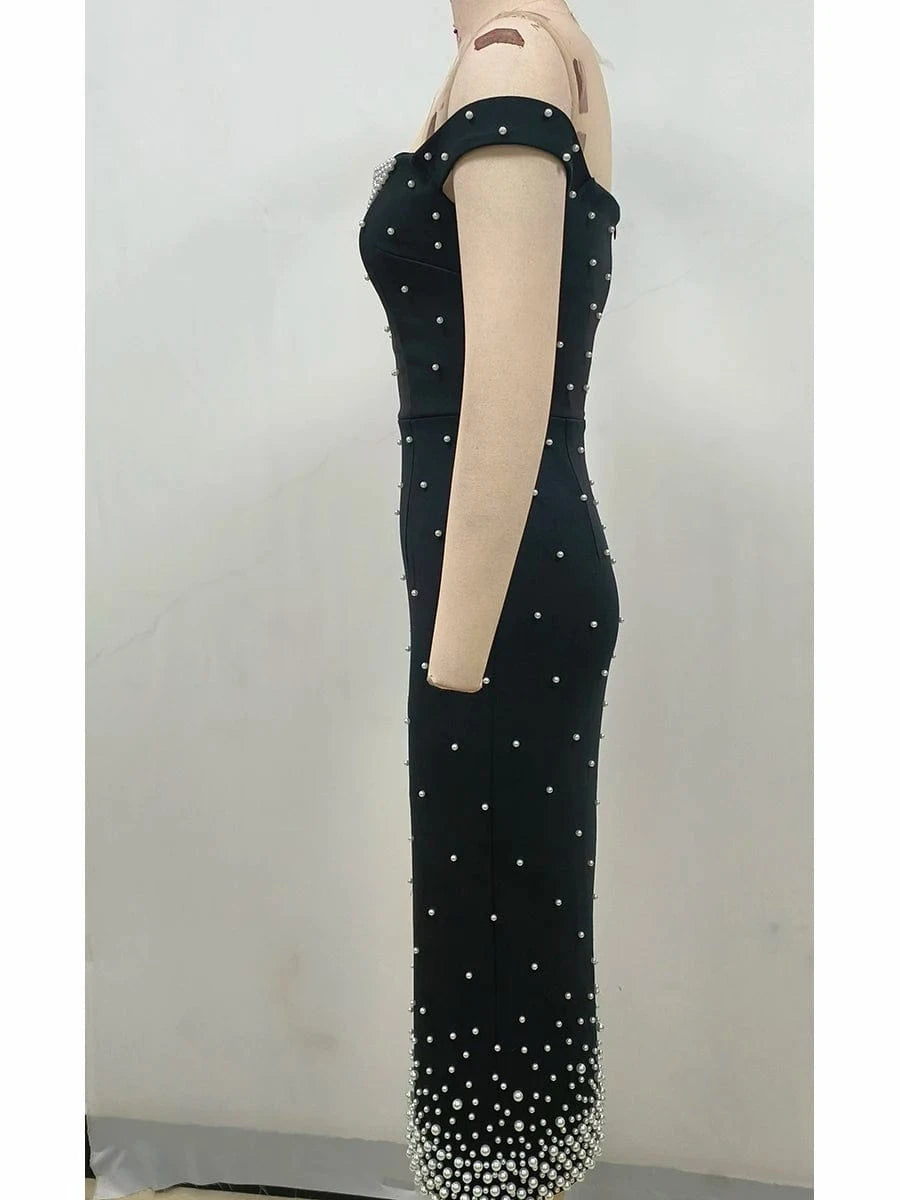 Women's Elegant Black Off Shoulder Ankle-Length Dress Pearl Beading Luxurious Evening Party Dress Glamorous Fashion Choice