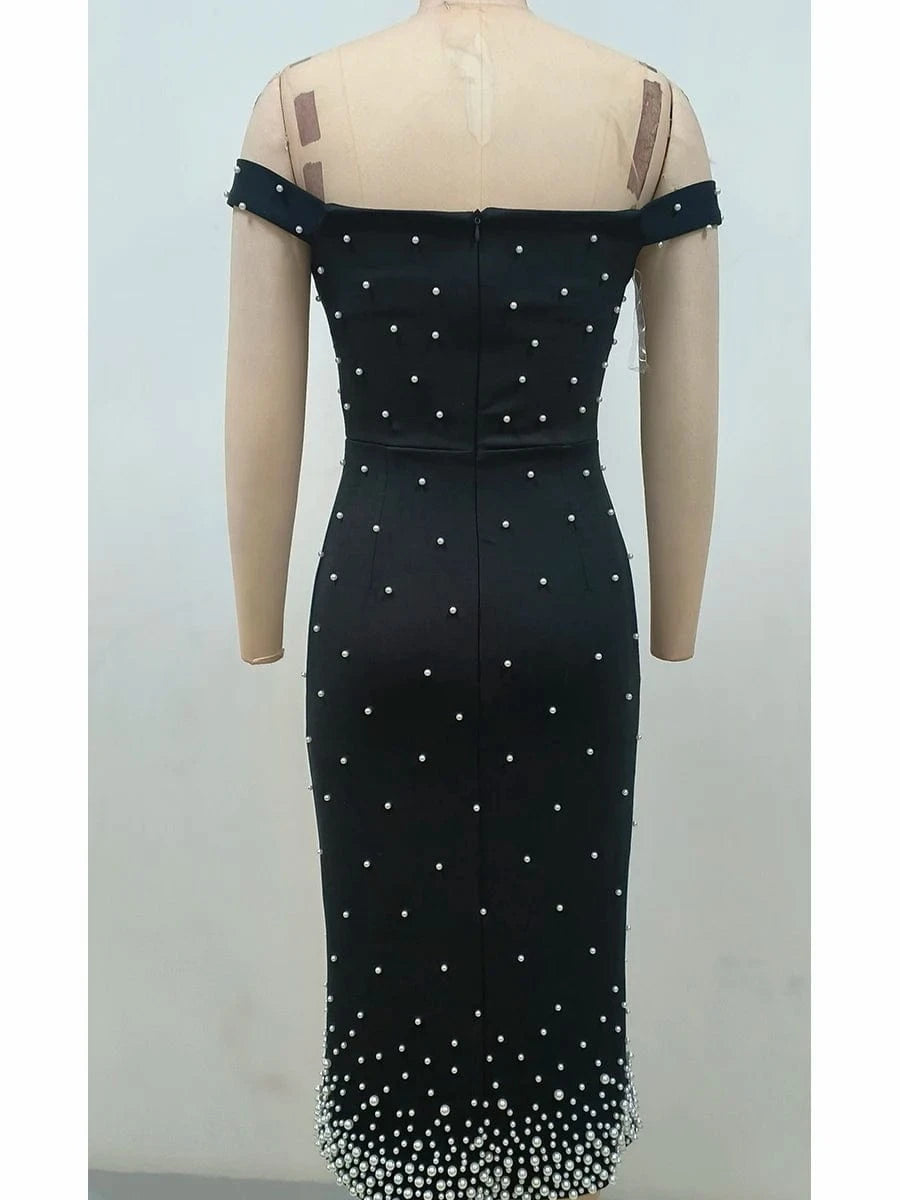 Women's Elegant Black Off Shoulder Ankle-Length Dress Pearl Beading Luxurious Evening Party Dress Glamorous Fashion Choice