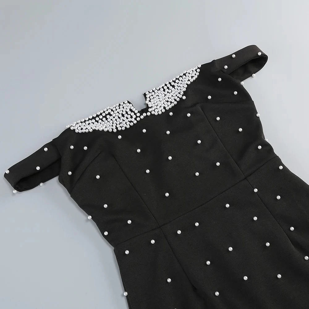 Women's Elegant Black Off Shoulder Ankle-Length Dress Pearl Beading Luxurious Evening Party Dress Glamorous Fashion Choice