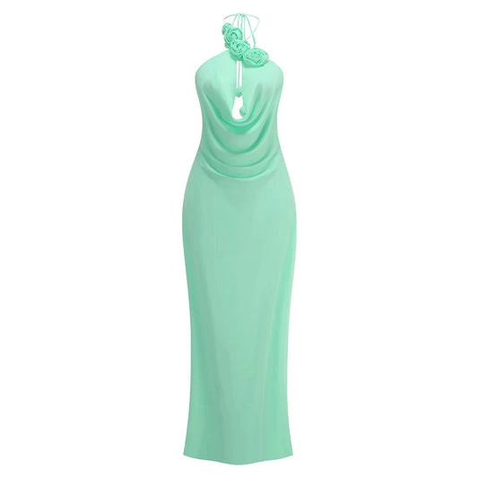Women's Elegant Mint Green Halter Neck Maxi Dress Rose Embellishment Flowy Silhouette High-quality Fabric for Prom Evening Party