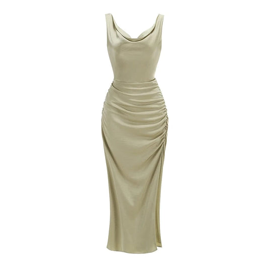 Women's Elegant Slip Sleeveless Cowl Neck Ruched Midi Dress Light Green Satin Material with Side Slit for Luxury Evening Party