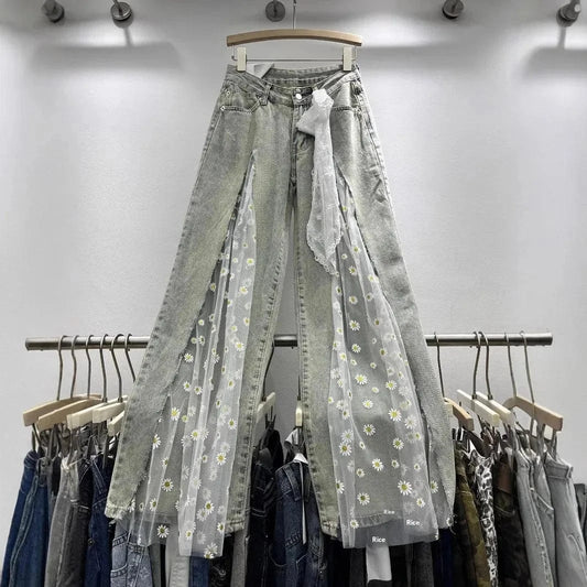 Women's Embroidered Hollow out Wide Leg Jeans Straight Cut Loose Long Trousers Spring Summer Fashionable Cargo Pants