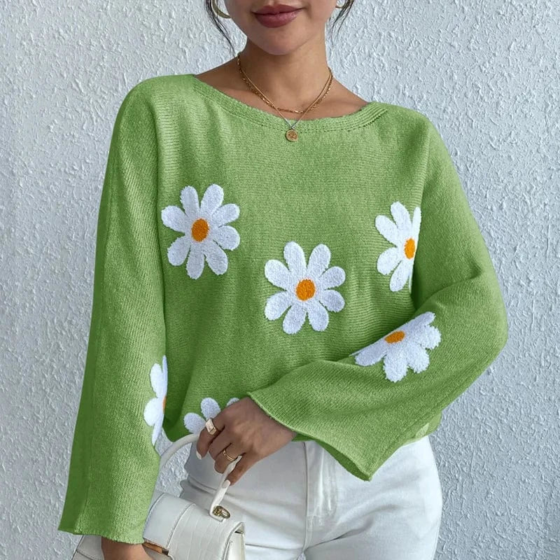 Women'S Fashion Casual Loose  Sleeve Knitwear Top Sweater Clothes Women Sweet flower loose knit top 2024 New Jersey Mujer