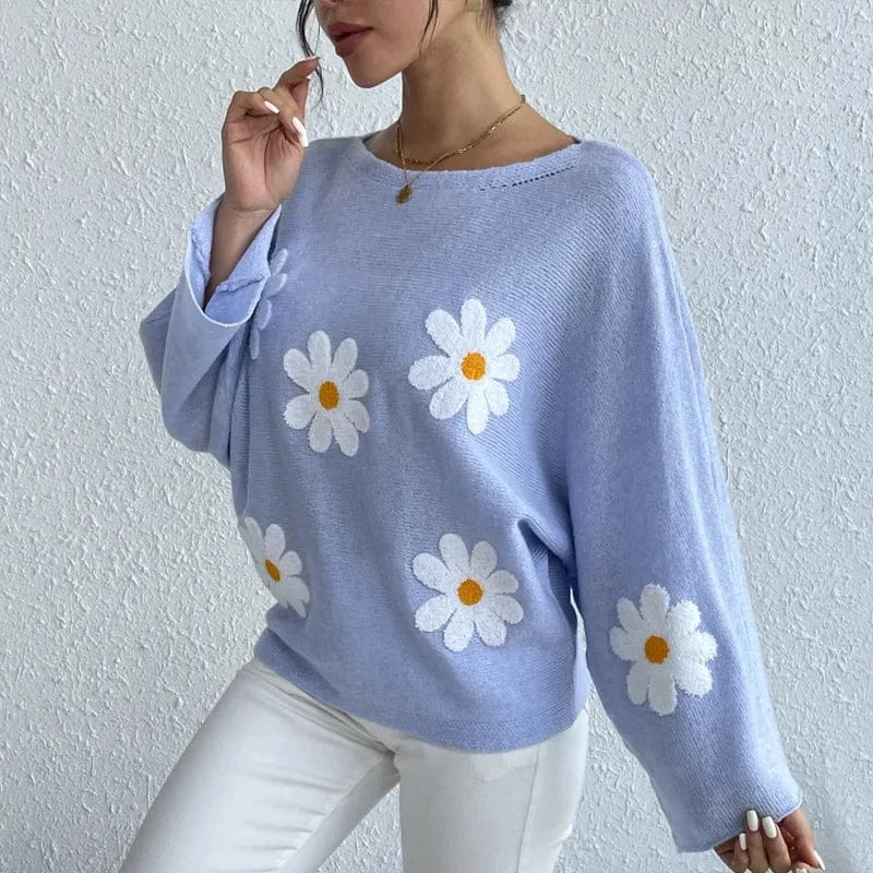 Women'S Fashion Casual Loose  Sleeve Knitwear Top Sweater Clothes Women Sweet flower loose knit top 2024 New Jersey Mujer