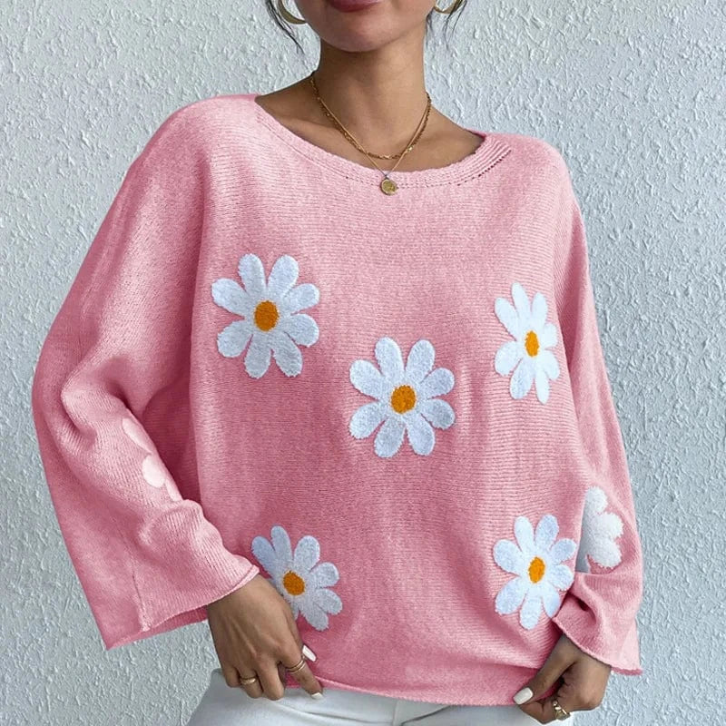 Women'S Fashion Casual Loose  Sleeve Knitwear Top Sweater Clothes Women Sweet flower loose knit top 2024 New Jersey Mujer
