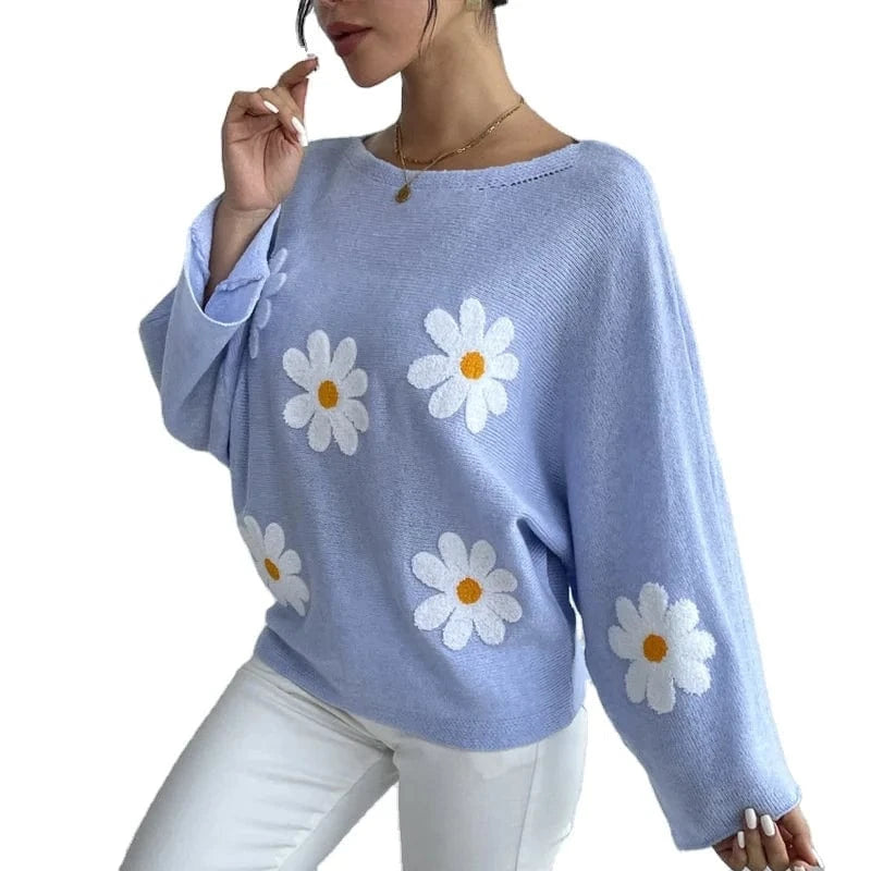 Women'S Fashion Casual Loose  Sleeve Knitwear Top Sweater Clothes Women Sweet flower loose knit top 2024 New Jersey Mujer
