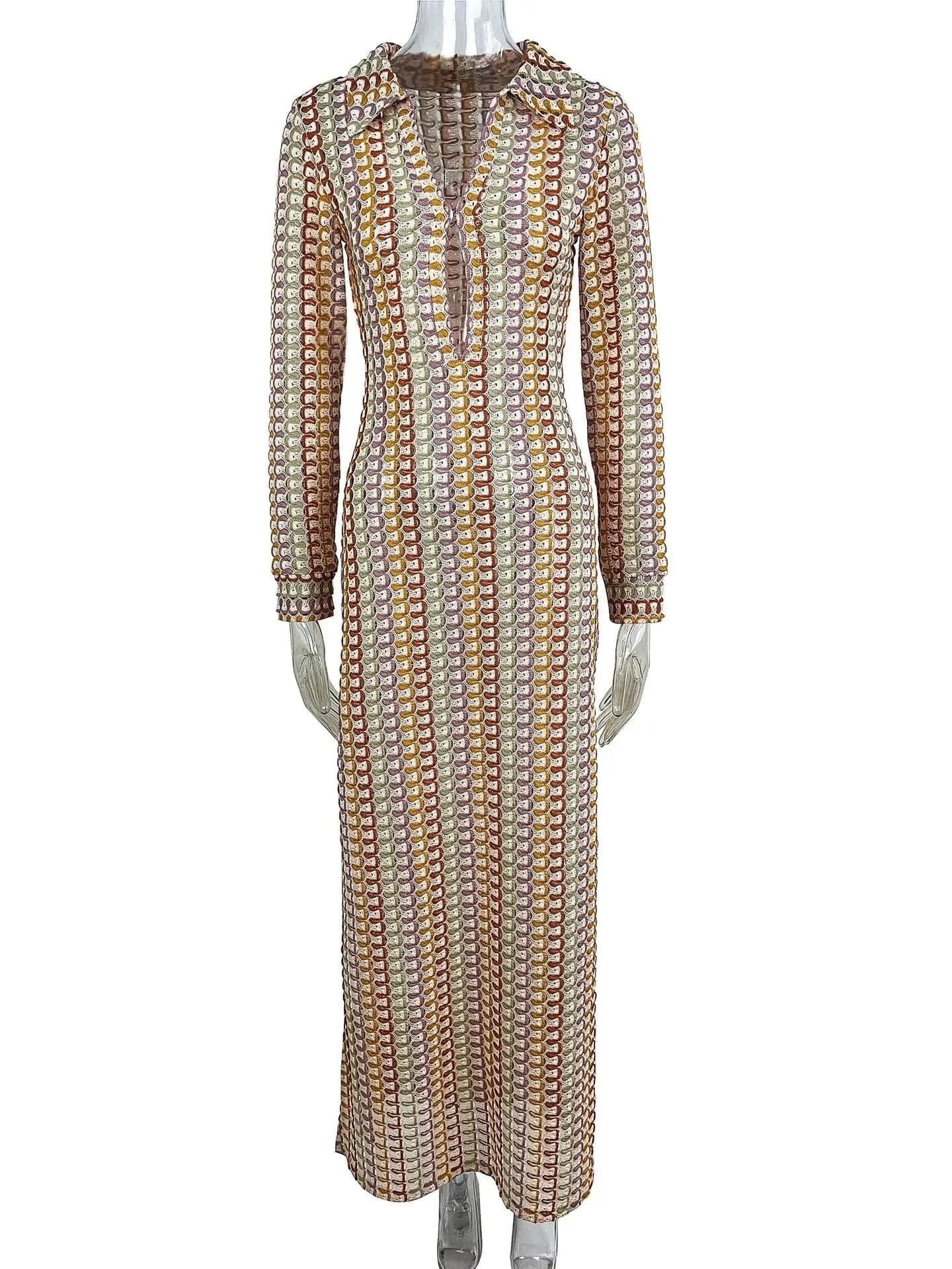 Women's Fashion Contrast Knit Hollow Long Dress Long Sleeve Slim A Line Vestidos 2024 New Vintage Elegant Party Club Robe Female