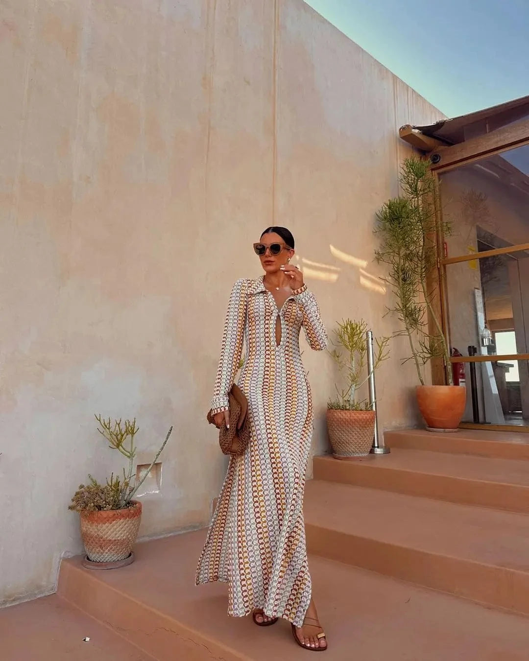 Women's Fashion Contrast Knit Hollow Long Dress Long Sleeve Slim A Line Vestidos 2024 New Vintage Elegant Party Club Robe Female