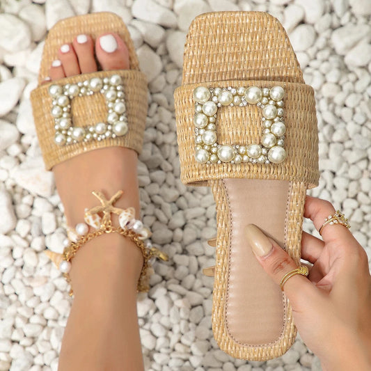 Women's Flat shoes, 2024 spring and summer square-headed straw knitted flat heel for outdoor wear daily casual slippers