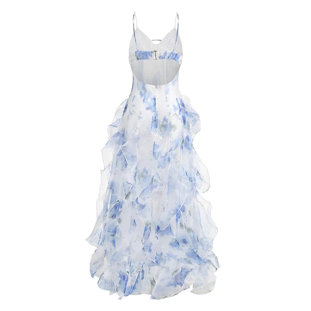 Women's Floral Low-Cut Dress French Summer Halter Gentle Wind Dress Slimming Backless Halter Slit Out Floor-Length Dress