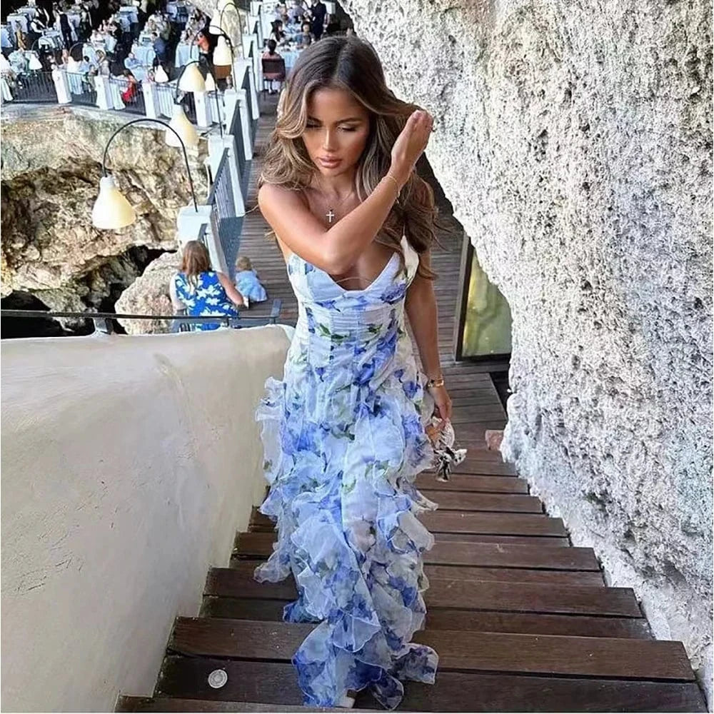 Women's Floral Low-Cut Dress French Summer Halter Gentle Wind Dress Slimming Backless Halter Slit Out Floor-Length Dress