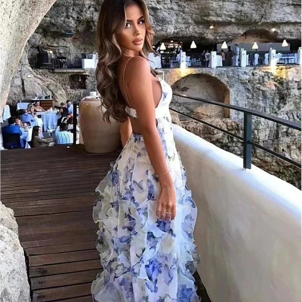 Women's Floral Low-Cut Dress French Summer Halter Gentle Wind Dress Slimming Backless Halter Slit Out Floor-Length Dress