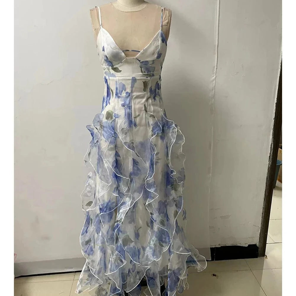 Women's Floral Low-Cut Dress French Summer Halter Gentle Wind Dress Slimming Backless Halter Slit Out Floor-Length Dress