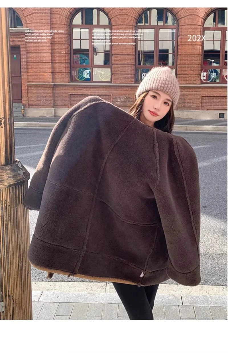 Women's Fur Integrated 2024 New Winter Thick High-end Loose Imitation Suede Coat Female Korean Hooded Maillard Lamb Fur Coat,