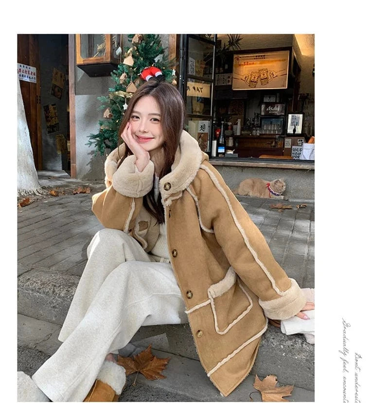 Women's Fur Integrated 2024 New Winter Thick High-end Loose Imitation Suede Coat Female Korean Hooded Maillard Lamb Fur Coat,