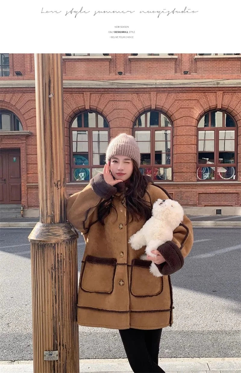 Women's Fur Integrated 2024 New Winter Thick High-end Loose Imitation Suede Coat Female Korean Hooded Maillard Lamb Fur Coat,