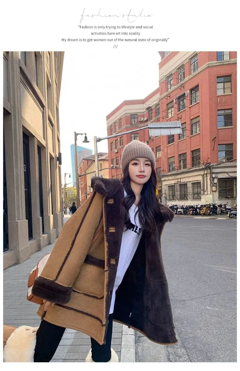 Women's Fur Integrated 2024 New Winter Thick High-end Loose Imitation Suede Coat Female Korean Hooded Maillard Lamb Fur Coat,