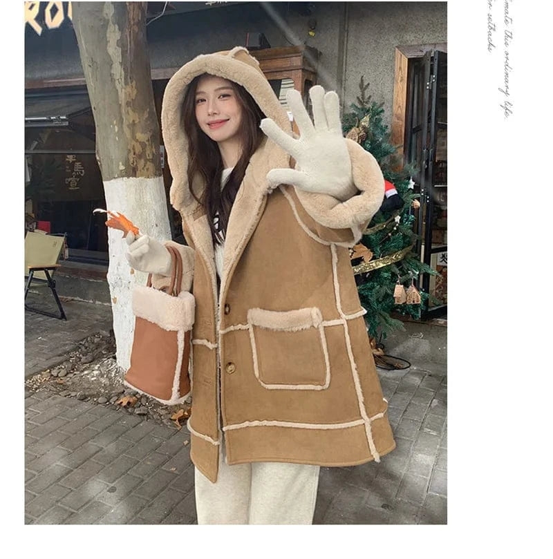 Women's Fur Integrated 2024 New Winter Thick High-end Loose Imitation Suede Coat Female Korean Hooded Maillard Lamb Fur Coat,