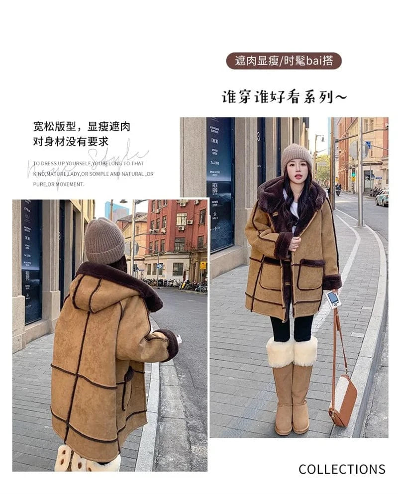 Women's Fur Integrated 2024 New Winter Thick High-end Loose Imitation Suede Coat Female Korean Hooded Maillard Lamb Fur Coat,
