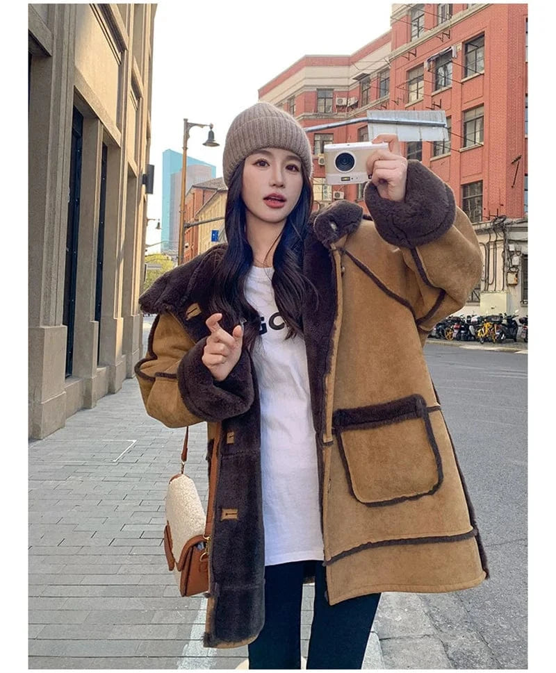 Women's Fur Integrated 2024 New Winter Thick High-end Loose Imitation Suede Coat Female Korean Hooded Maillard Lamb Fur Coat,