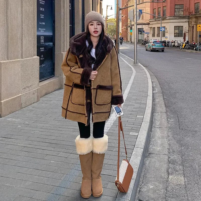 Women's Fur Integrated 2024 New Winter Thick High-end Loose Imitation Suede Coat Female Korean Hooded Maillard Lamb Fur Coat,