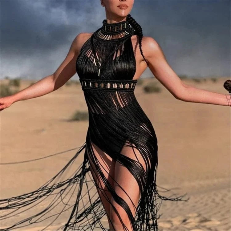 Women's Hand Made Greek Goddess Roman Dress One Piece Dress Sexy Tassel Design Bohemia Vocation Beach Dress