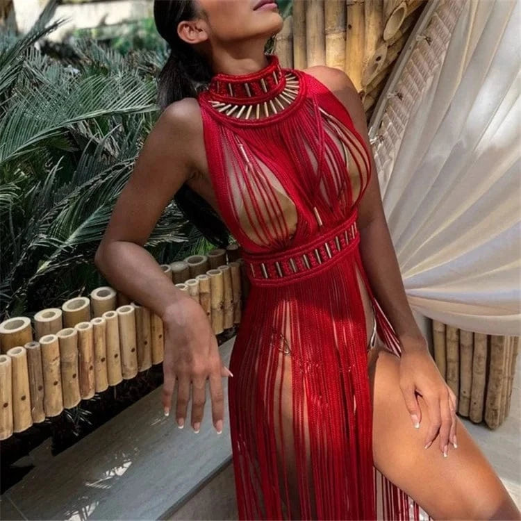 Women's Hand Made Greek Goddess Roman Dress One Piece Dress Sexy Tassel Design Bohemia Vocation Beach Dress