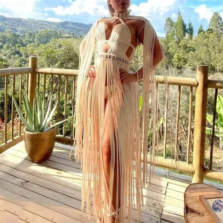 Women's Hand Made Greek Goddess Roman Dress One Piece Dress Sexy Tassel Design Bohemia Vocation Beach Dress