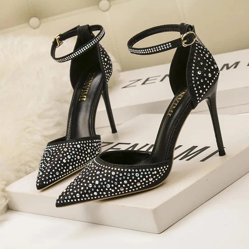 Women's High Heels New Stiletto High Heel Shallow Mouth Pointed Hollow Word Office Shiny Rhinestones Female Wedding Sandals