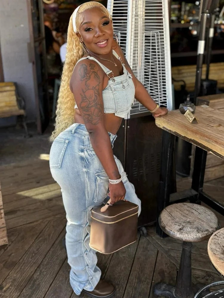 Women's High Waist Fashion Denim Straight Pants Multi-Pockets Button Detail Casual Cargo Jeans Female Streetwear New 2025