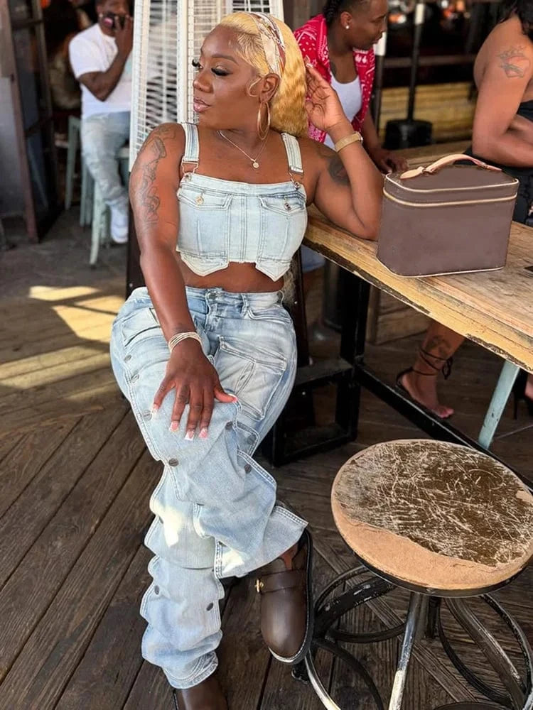 Women's High Waist Fashion Denim Straight Pants Multi-Pockets Button Detail Casual Cargo Jeans Female Streetwear New 2025