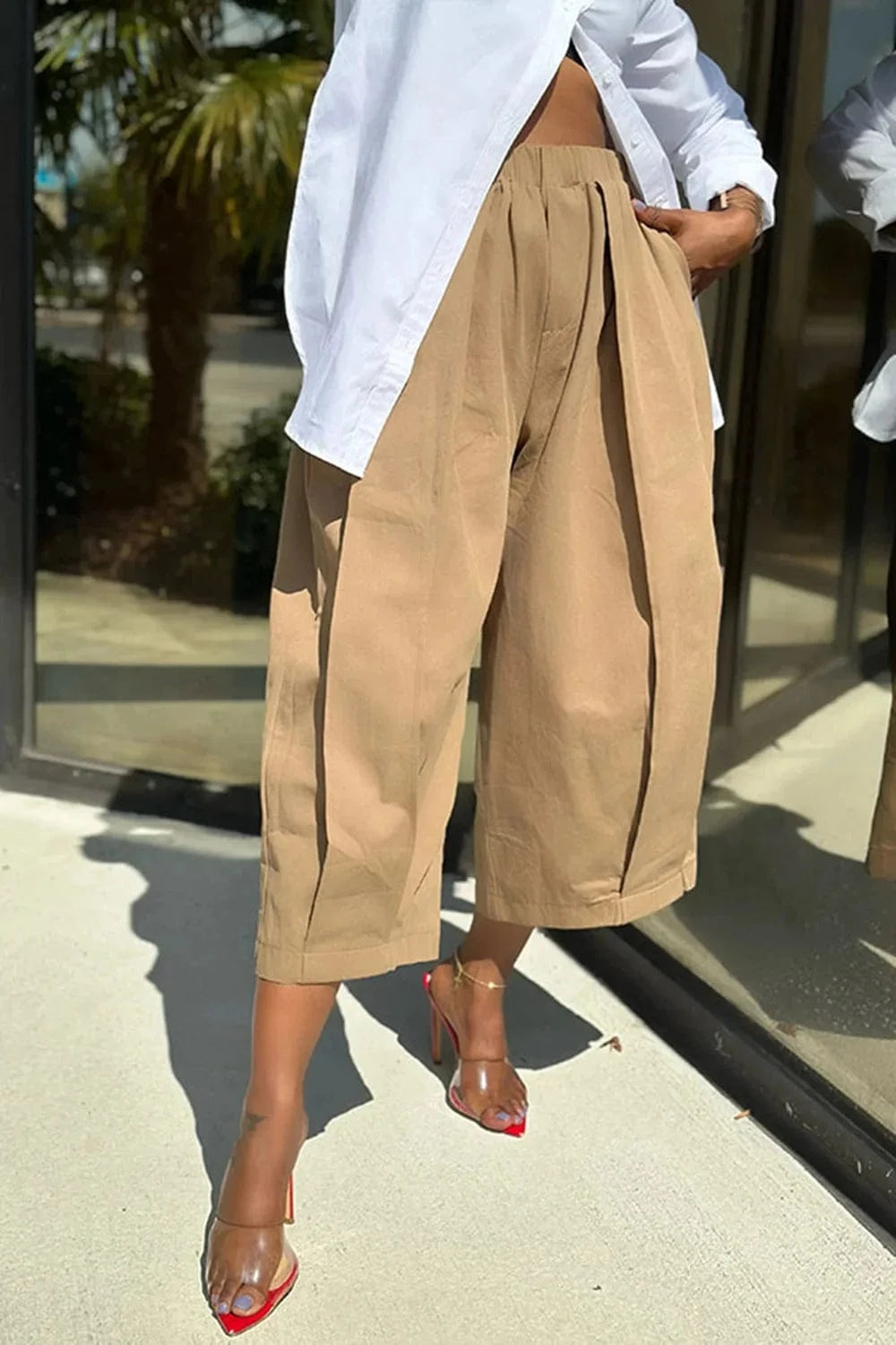 Women's Khaki Capri Trousers Pockets pleated Wide Leg Casual Vintage Loose Harajuku High Waist Leisure Calf-length Pants
