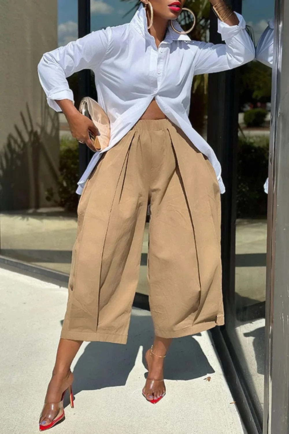 Women's Khaki Capri Trousers Pockets pleated Wide Leg Casual Vintage Loose Harajuku High Waist Leisure Calf-length Pants
