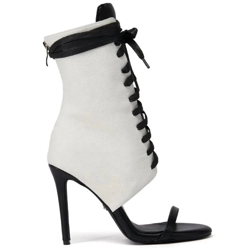 Women's Lace Up Summer Short Boots Single Band Back Zipper Ankle Boots Thin High Heels Sandals Stiletto Shoes