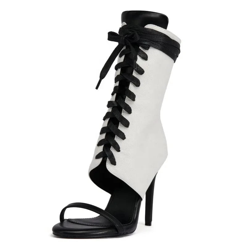 Women's Lace Up Summer Short Boots Single Band Back Zipper Ankle Boots Thin High Heels Sandals Stiletto Shoes