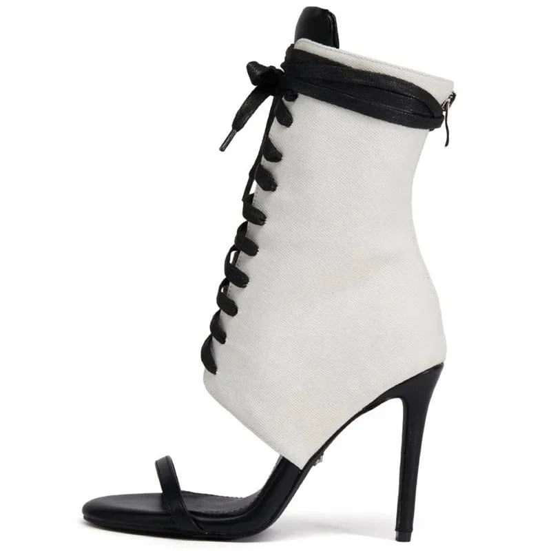 Women's Lace Up Summer Short Boots Single Band Back Zipper Ankle Boots Thin High Heels Sandals Stiletto Shoes