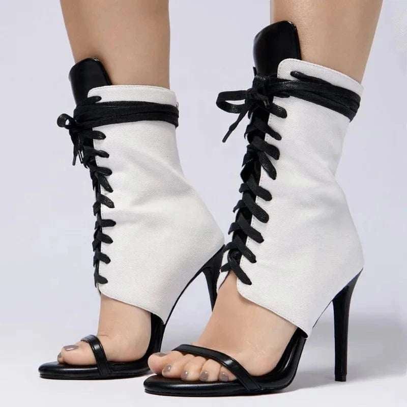 Women's Lace Up Summer Short Boots Single Band Back Zipper Ankle Boots Thin High Heels Sandals Stiletto Shoes