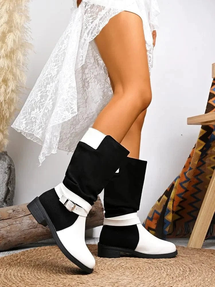 Women's large-sized black and white patchwork thigh-high knee-length fashion boots 2025 autumn/Winter round-toed boots