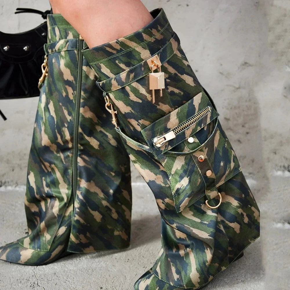 Women's Lock Pointy Toe Knee-high Booties Lock Wedge Pants Booties Strap Pocket Metallic PU Camouflage Print Overlay Shoes